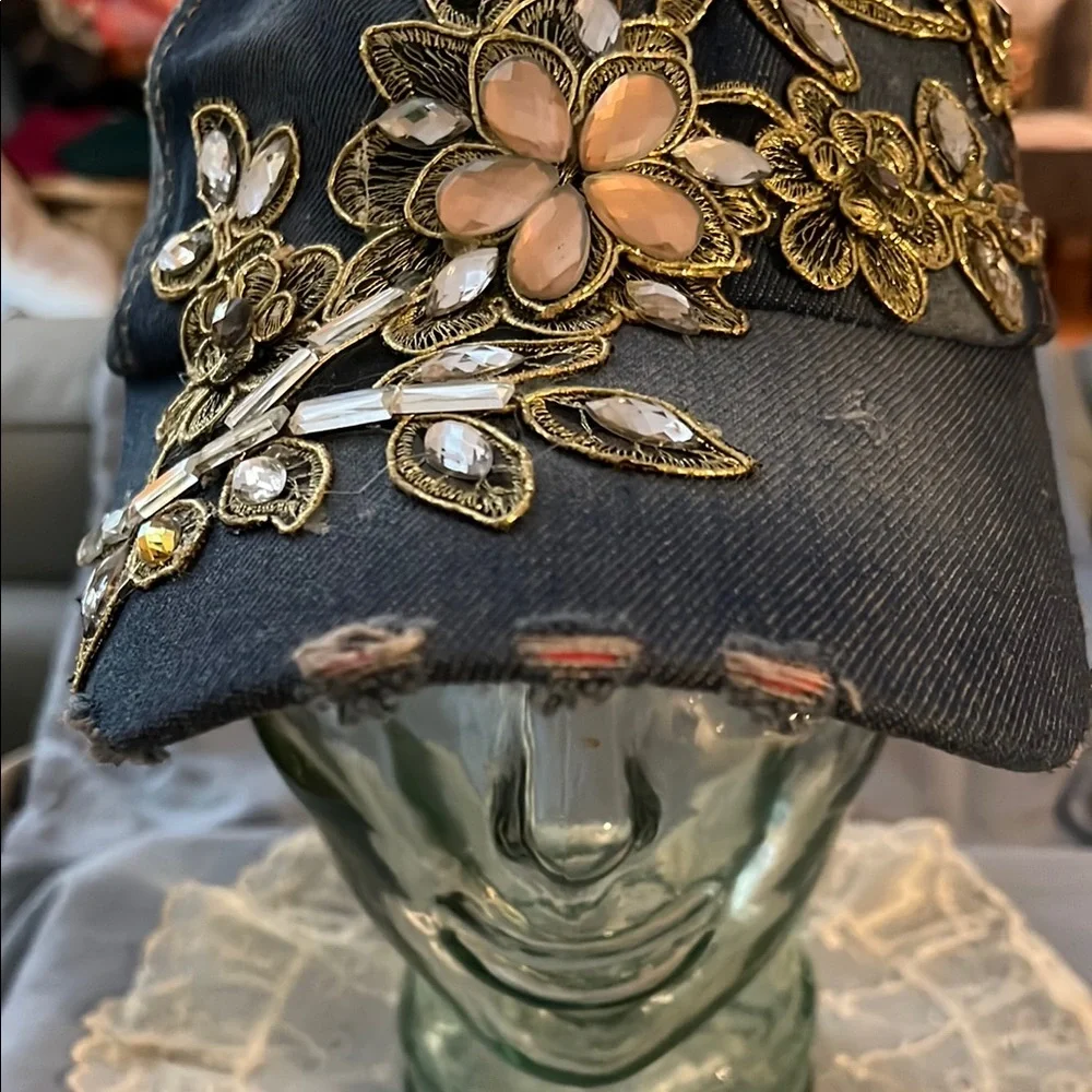 NWOT Crystal Embellished Denim Cap with Distressing on the Bill - Adjustable - Picture 2 of 5